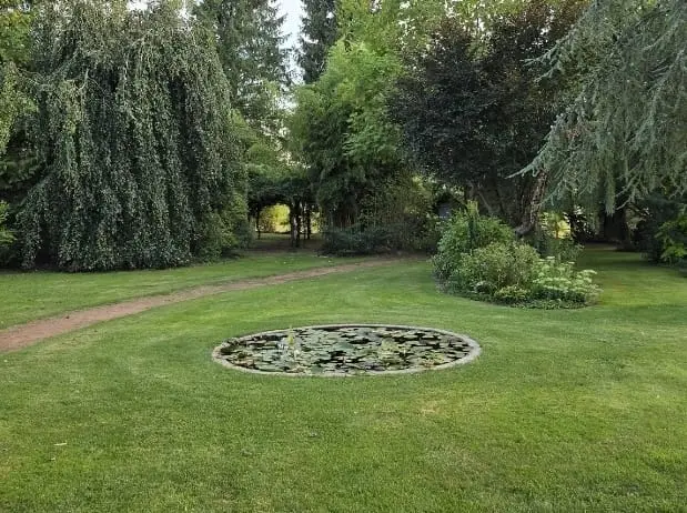 Bassin circulaire au ras de la pelouse, reflétant les arbres qui l'entourent